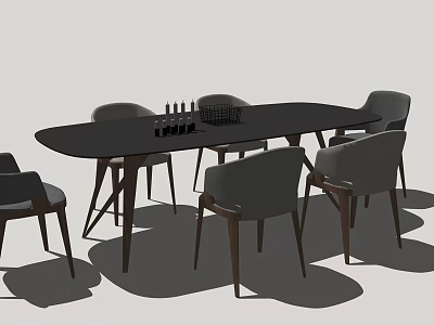 Modern Oval Black Dining Table With Gray Chairs And Decorative Bottles 3d model