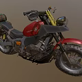 Red Motorcycle Featuring Black Seat Metal Frame Large Tires and Rear Luggage