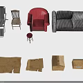 Assorted Household Items Featuring Striped Sofa Wooden Chairs Red Stool And Cardboard Boxes