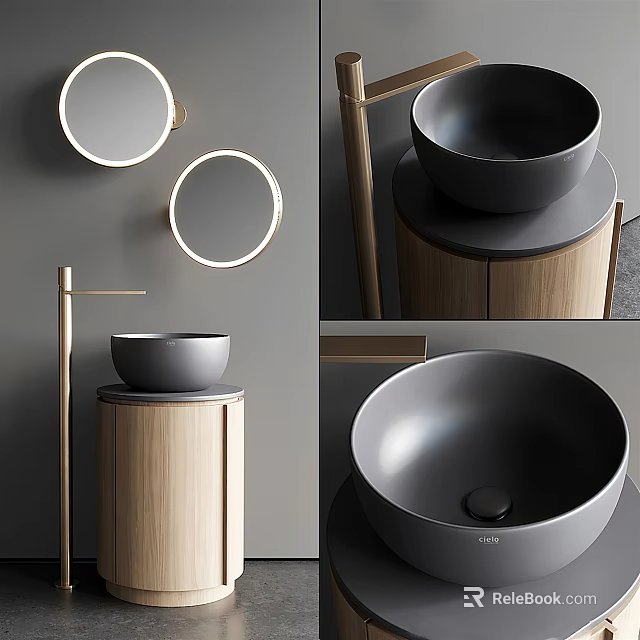 Modern Bathroom Washbasin With Wooden Base Black Bowl Basin And Round Illuminated Mirror 3d model 