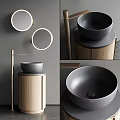 Modern Bathroom Washbasin With Wooden Base Black Bowl Basin And Round Illuminated Mirror