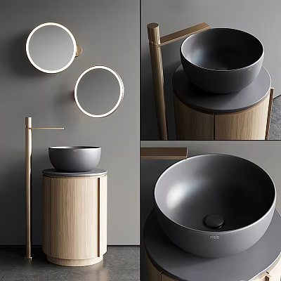 Modern Bathroom Washbasin With Wooden Base Black Bowl Basin And Round Illuminated Mirror 3d model