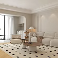 Minimalist Living Room Interior With White Cabinets Open Shelves And Table Lamp