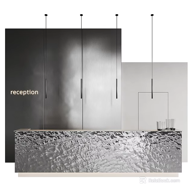 Contemporary Reception Desk Design With Metallic Cabinetry Textured Surface And Pendant Lights 3d model 