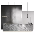 Contemporary Reception Desk Design With Metallic Cabinetry Textured Surface And Pendant Lights