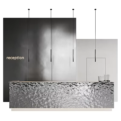 Contemporary Reception Desk Design With Metallic Cabinetry Textured Surface And Pendant Lights 3d model