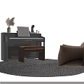 Instrument and Art Supplies Collection with Black Piano Music Sheet Microphone Vase and Gray Rug