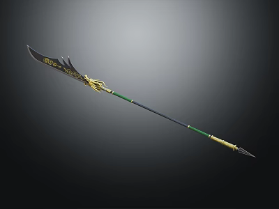 Decorative Fantasy Spear Weapon With Golden Dragon Design Black Green Shaft And Ornate Head 3d model