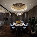 Elegant Private Dining Box With Round Table Blue Chairs Chandelier And Green Plants