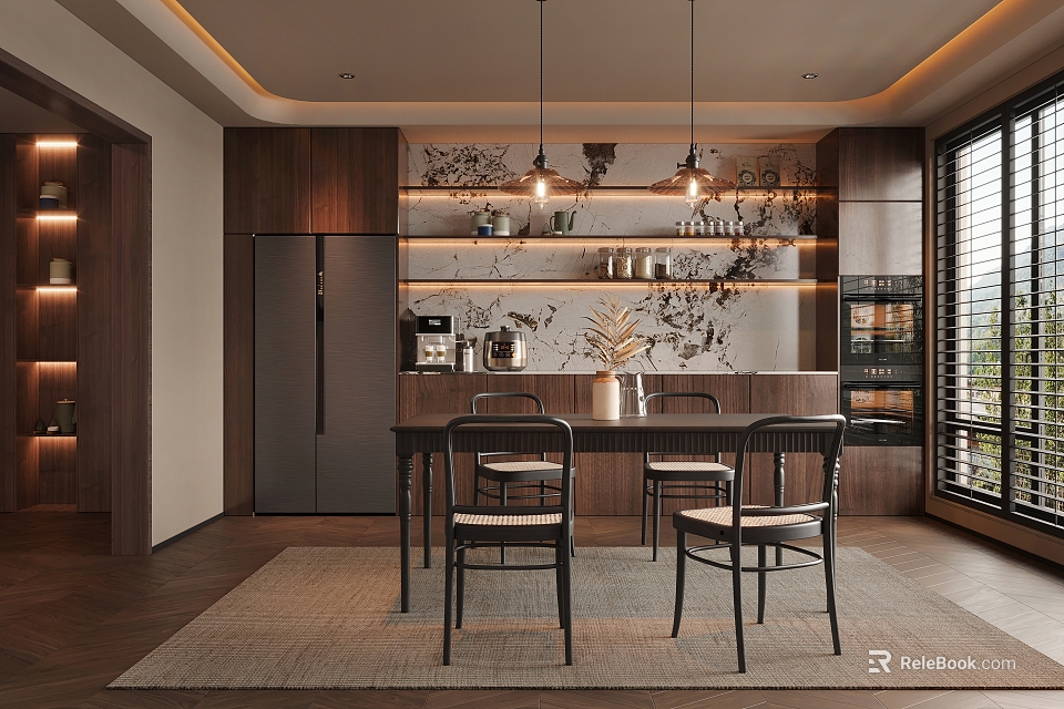 Modern Restaurant Interior With Open Concept Wooden Dining Table And Pendant Lights 3d model 