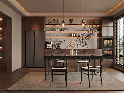 Modern Restaurant Interior With Open Concept Wooden Dining Table And Pendant Lights 3d model