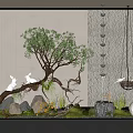 Lush Indoor Garden Plants With Unique Tree Moss Stones Rabbit Sculptures And Water Feature