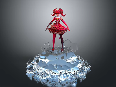 Red Doll Figure Standing On Transparent Crystal Decorative Base 3d model