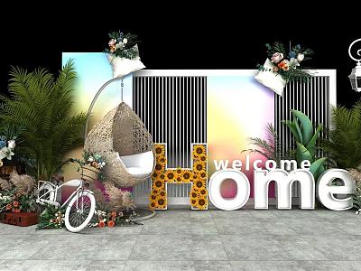 Welcome Home Decorative Scene With Floral Arrangements Green Plants Hanging Chair Bicycle And Colorful Backdrop 3d model