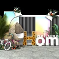 Welcome Home Decorative Scene With Floral Arrangements Green Plants Hanging Chair Bicycle And Colorful Backdrop