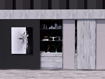 Modern Decorative Cabinet With Open Shelves And Artwork On Dark Wall 3d model