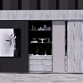Modern Decorative Cabinet With Open Shelves And Artwork On Dark Wall