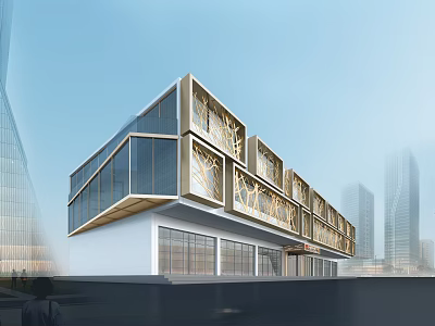 Modern Commercial Storefront With Glass Curtain Walls And Geometric Metal Frames In Urban Setting 3d model
