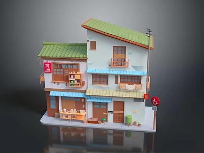 Cartoon Style Japanese Two Story Building With Green Roof Shop Windows And Balcony 3d model