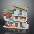 Cartoon Style Japanese Two Story Building With Green Roof Shop Windows And Balcony
