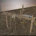 Rustic Wooden Elevated Platform Structure With Planks Posts Hanging Nets And Plants