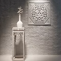 Traditional Decorative Ornament Combination With White Vase Carved Wooden Panel On Carved Table