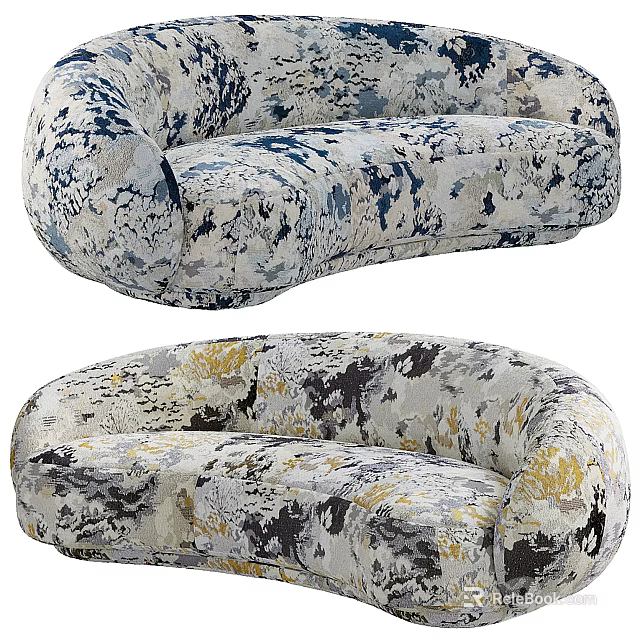 Modern Three-Seater Sofa Featuring Curved Design And Colorful Abstract Pattern 3d model 