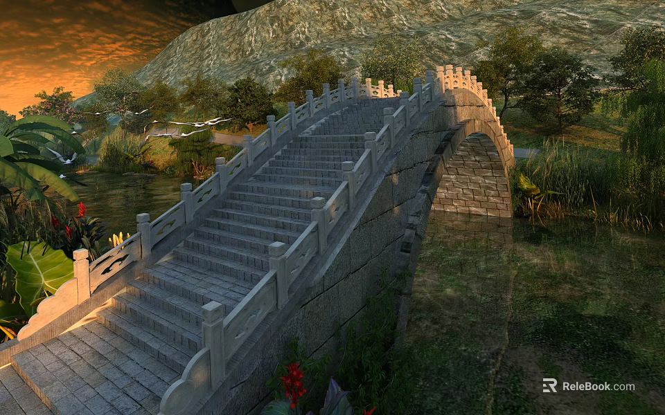 Stone Landscape Bridge With Steps And Railings Surrounded By Mountains Water And Trees At Sunset 3d model 