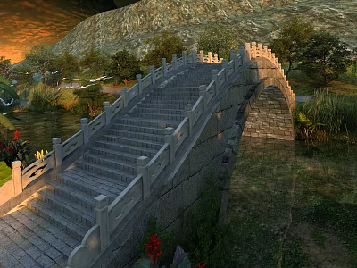 Stone Landscape Bridge With Steps And Railings Surrounded By Mountains Water And Trees At Sunset 3d model