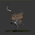 Mechanical Creature Character With Small Wooden House Bird Figure On Green Grass Base