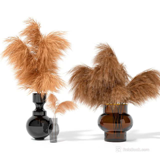 Decorative Black and Brown Vases with Brown Feather Like Reeds and Small Silver Vase 3d model 