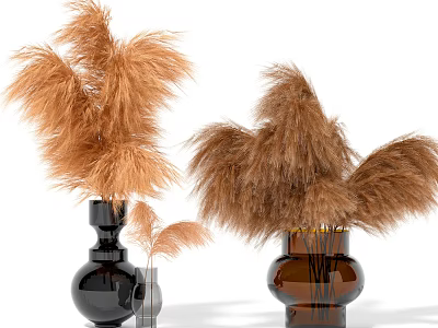 Decorative Black and Brown Vases with Brown Feather Like Reeds and Small Silver Vase 3d model