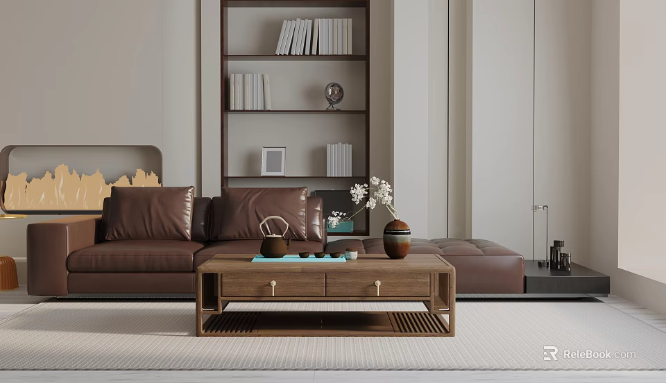 Modern Living Room With Brown Leather Three-Seater Sofa Wooden Coffee Table Bookshelf And Flower Vase 3d model 