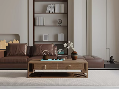 Modern Living Room With Brown Leather Three-Seater Sofa Wooden Coffee Table Bookshelf And Flower Vase 3d model