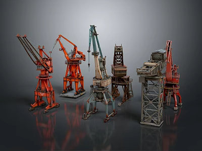 Different Colored Crane Equipment With Various Designs And Metal Structures 3d model