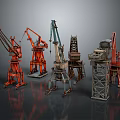 Different Colored Crane Equipment With Various Designs And Metal Structures
