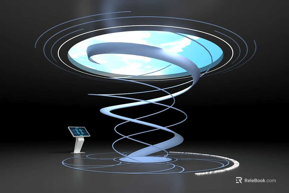 Futuristic Spiral Structure With Illuminated Circular Top And Digital Screen Panel 3d model 