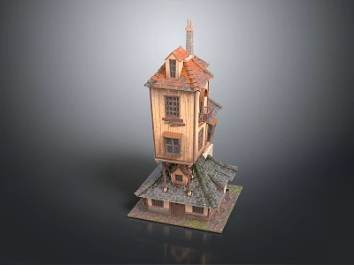 Cartoon Scene Featuring Tall Crooked Multi Story Wooden House With Red Roof Windows And Chimney 3d model