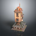 Cartoon Scene Featuring Tall Crooked Multi Story Wooden House With Red Roof Windows And Chimney
