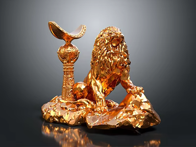 Golden Lion Statue With Trophy Base And Cup Shaped Top On Rock Base 3d model