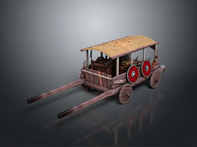 Ancient Wooden Horse Drawn Carriage With Thatched Roof And Red Decorative Wheels 3d model