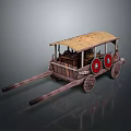 Ancient Wooden Horse Drawn Carriage With Thatched Roof And Red Decorative Wheels