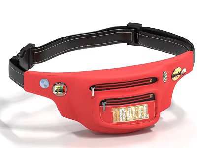 Red Travel Fanny Pack With Black Strap Zippers And Decorative Badges Design 3d model