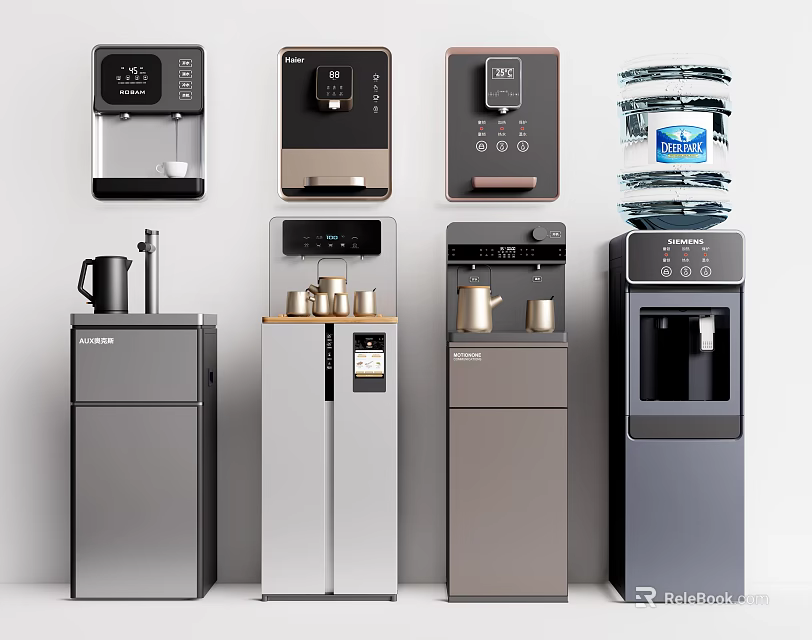 Daily Use Household Appliances Showcasing Standing Water Dispensers With Various Designs And Colors 3d model 