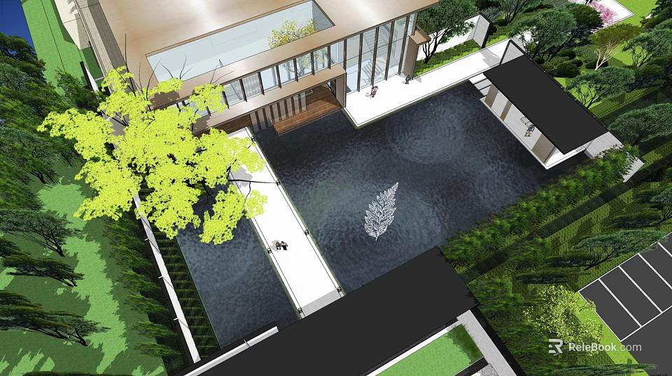 Modern Garden Landscape Design With Glass Building Water Pool Green Trees And Pathway 3d model 