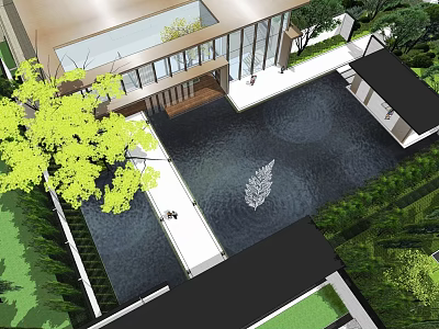 Modern Garden Landscape Design With Glass Building Water Pool Green Trees And Pathway 3d model