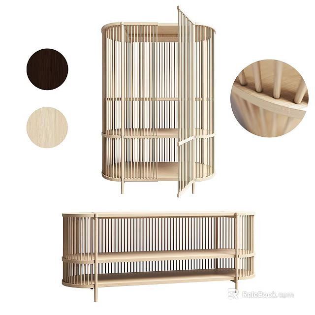 Modern Wooden Decorative Cabinet With Striped Design Open Shelves Natural And Dark Brown Wood Tones 3d model 
