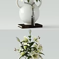 White Vase With Two Handles And Decorative Chain Holding Fresh White Lilies On Dark Background