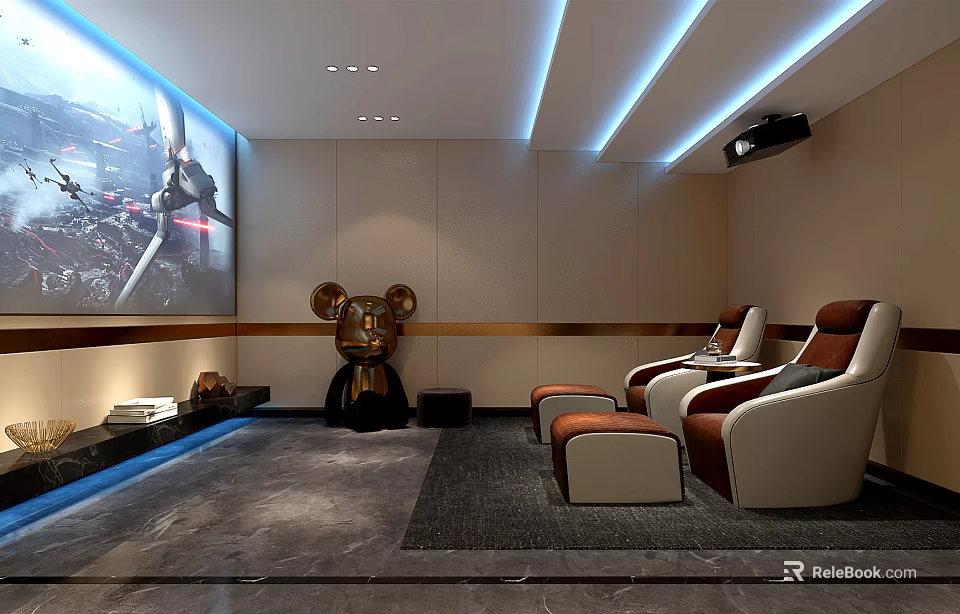 Modern Home Theater Room With Large Projection Screen And Comfortable Recliner Seats 3d model 