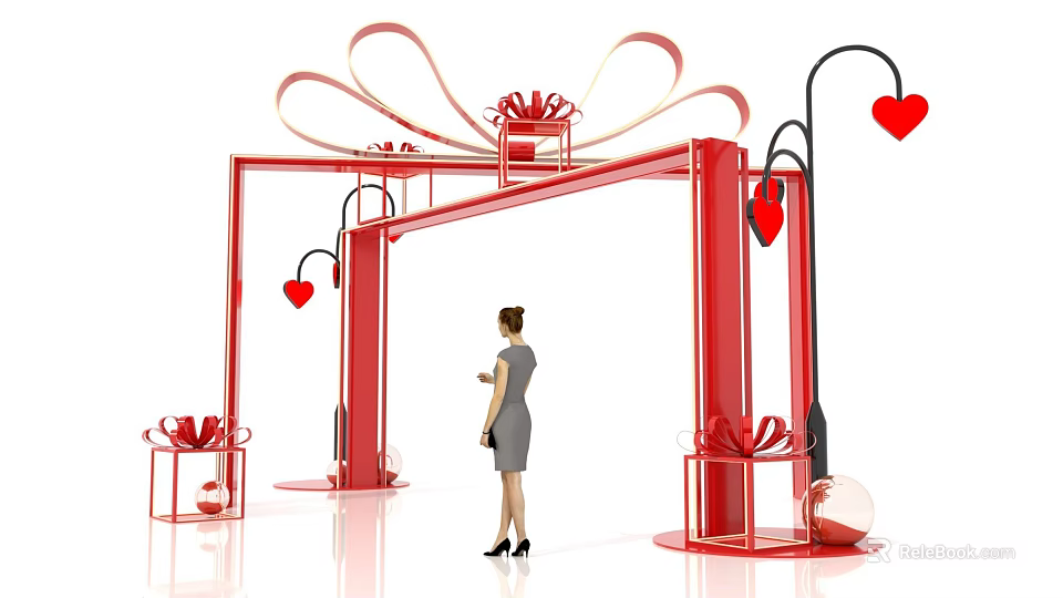 Red Event Gateway With Bow Gift Box Heart Shapes And Street Lamp Decorations 3d model 